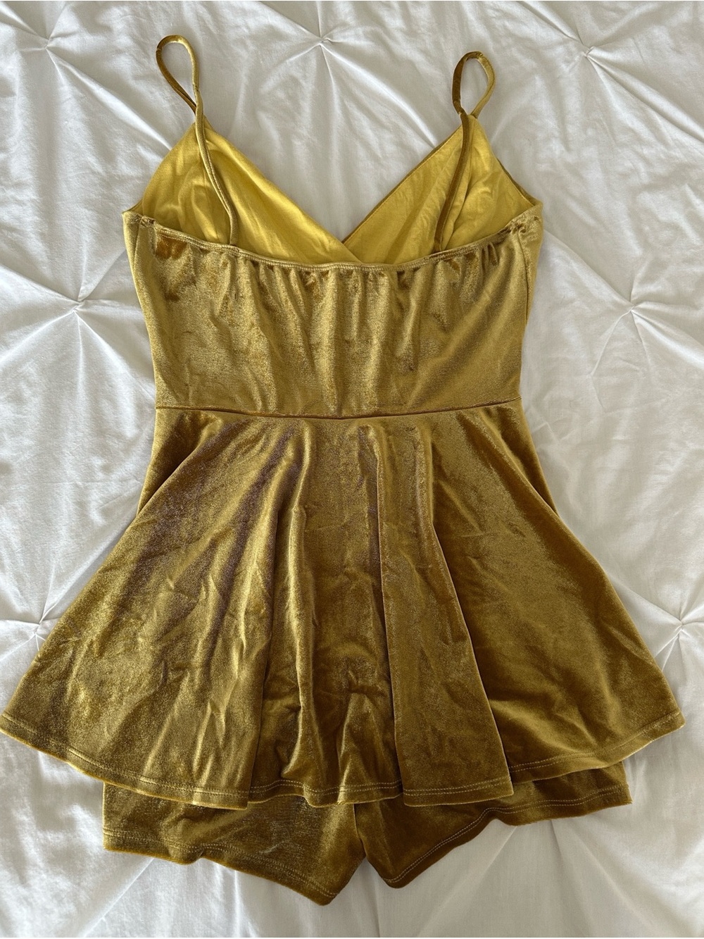 A'GACI Gold Velvet V-Neck Spaghetti Skort Romper - Picture 5 of 5